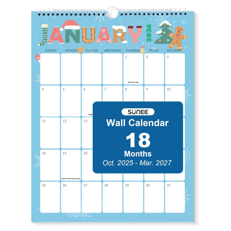 ساني تقويم SUNEE 2026، تعليق على الحائط لمدة 18 شهرًا، تقويم 2026 شهريًا، 8.5 بوصة × 11 بوصة، أكتوبر 2025 إلى مارس 2027، للتنظيم والتخطيط، لطيف - Image 1